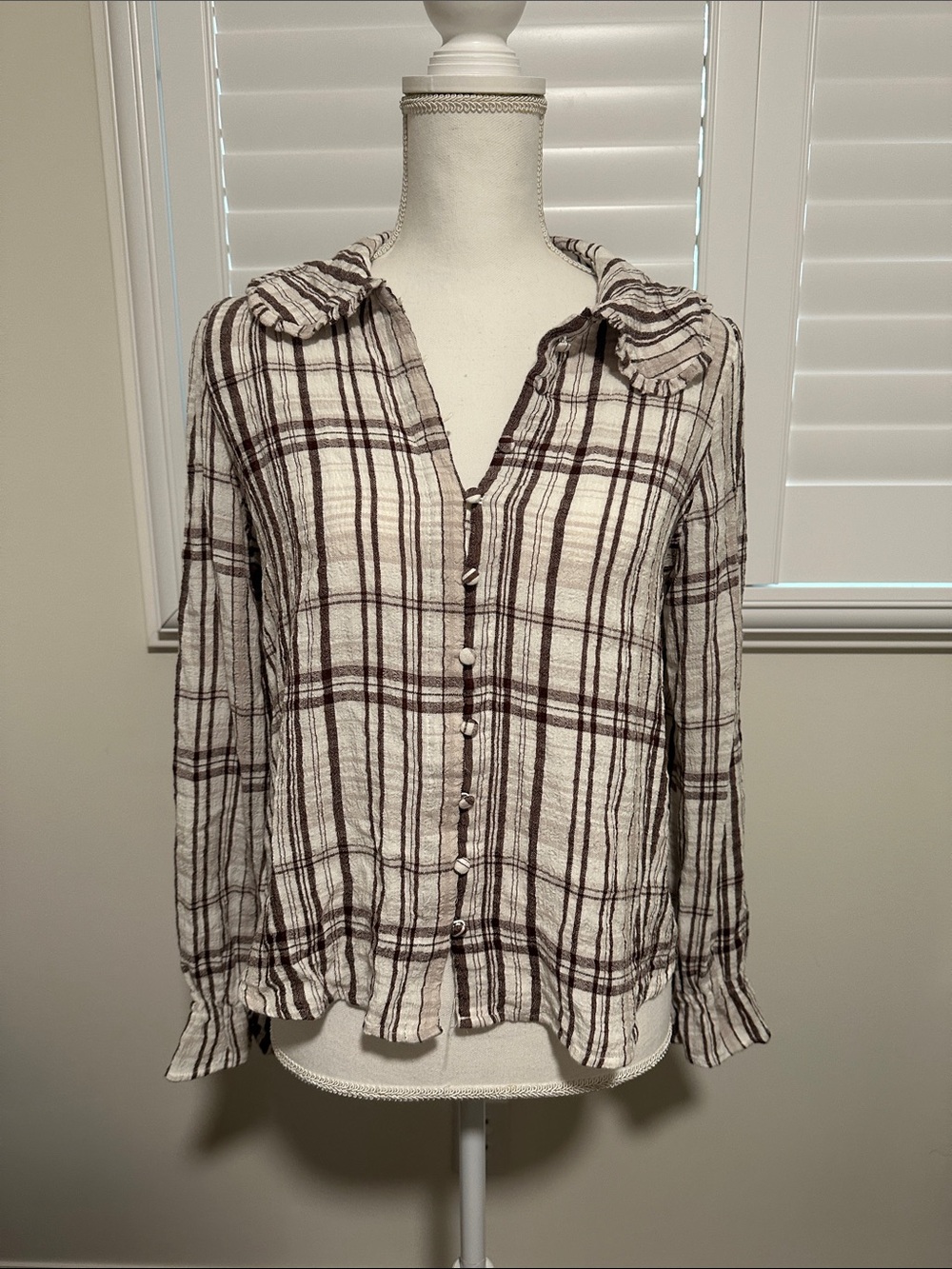 Jane and Delancey Cream and Brown Plaid Button-Down Top Small | Ay